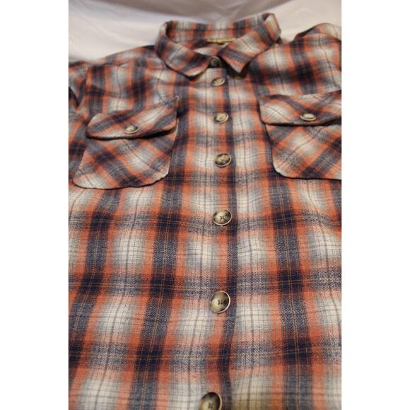 Democracy Women's L Red Blue Plaid Button-up Flannel Raw Hem Pockets LS Cowgirl - Picture 10 of 15